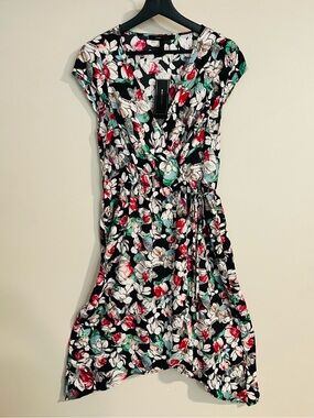 BCBGMAXAZRIA Women’s Black Combo Magnol Floral Faux Wrap Dress Size S